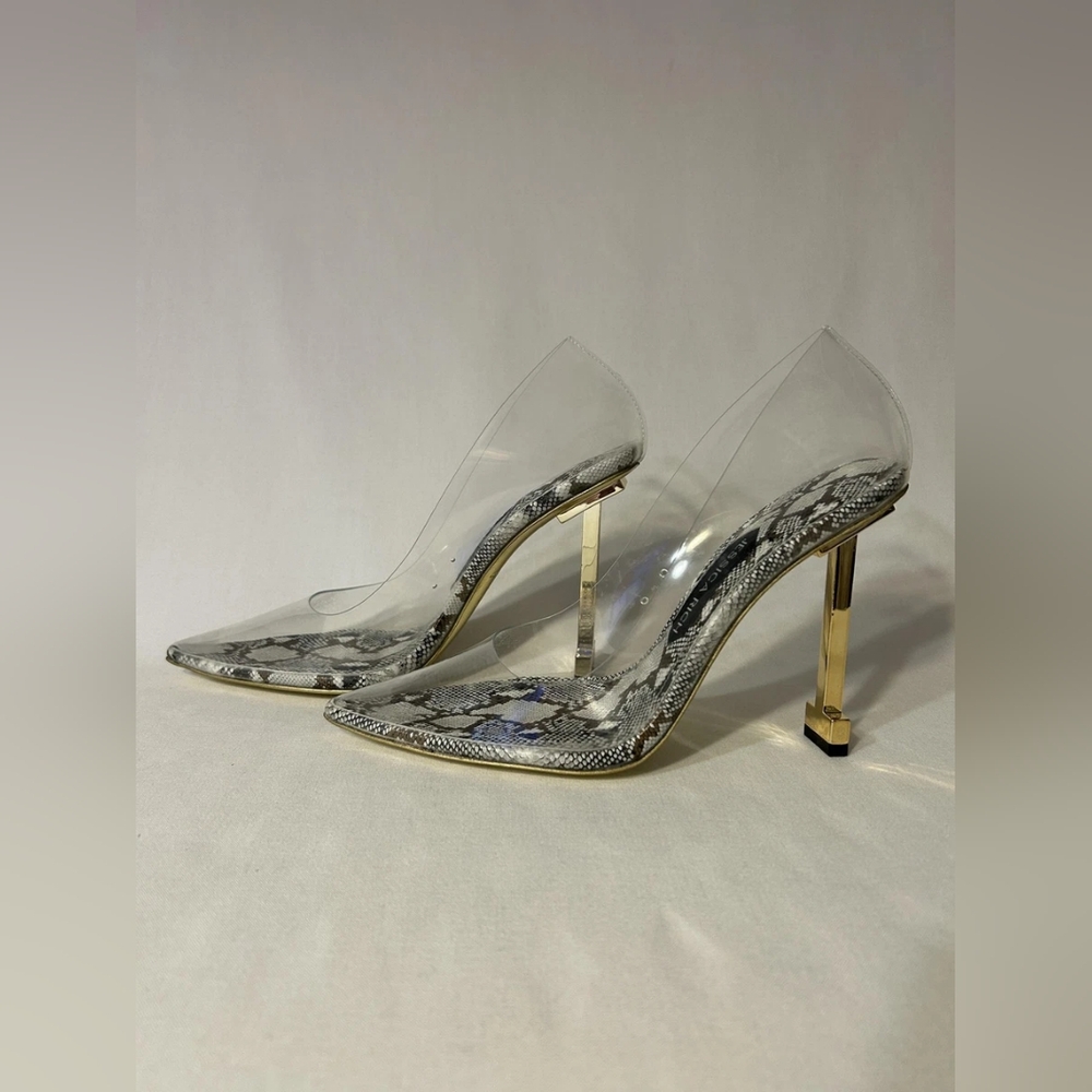 Jessica Rich So Fancy Women Size 5 Snake Print Clear Gold Heel Designer!